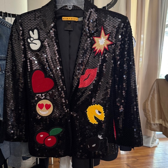 Alice + Olivia Black Sequin Blazer with Colorful Patch Motifs - Picture 4 of 4